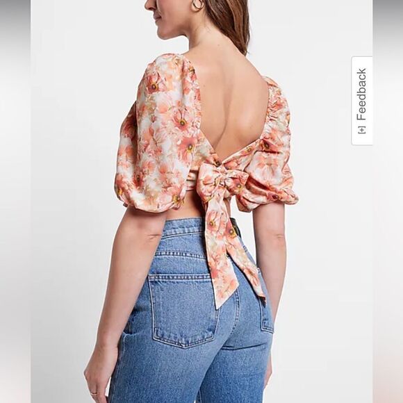 NWT Express Satin Floral Print Faux Wrap Tie Back Cropped Top - Picture 2 of 11